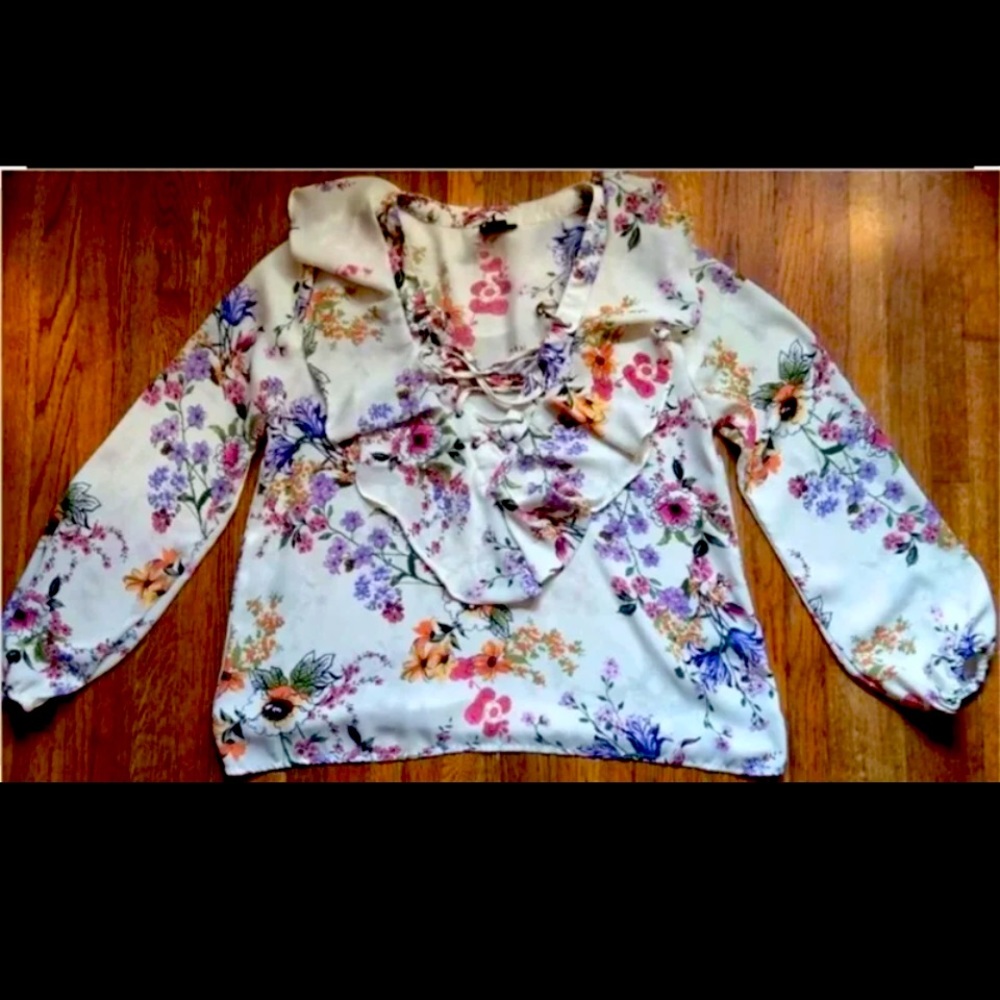 Floral Ruffle Lace-Up Blouse